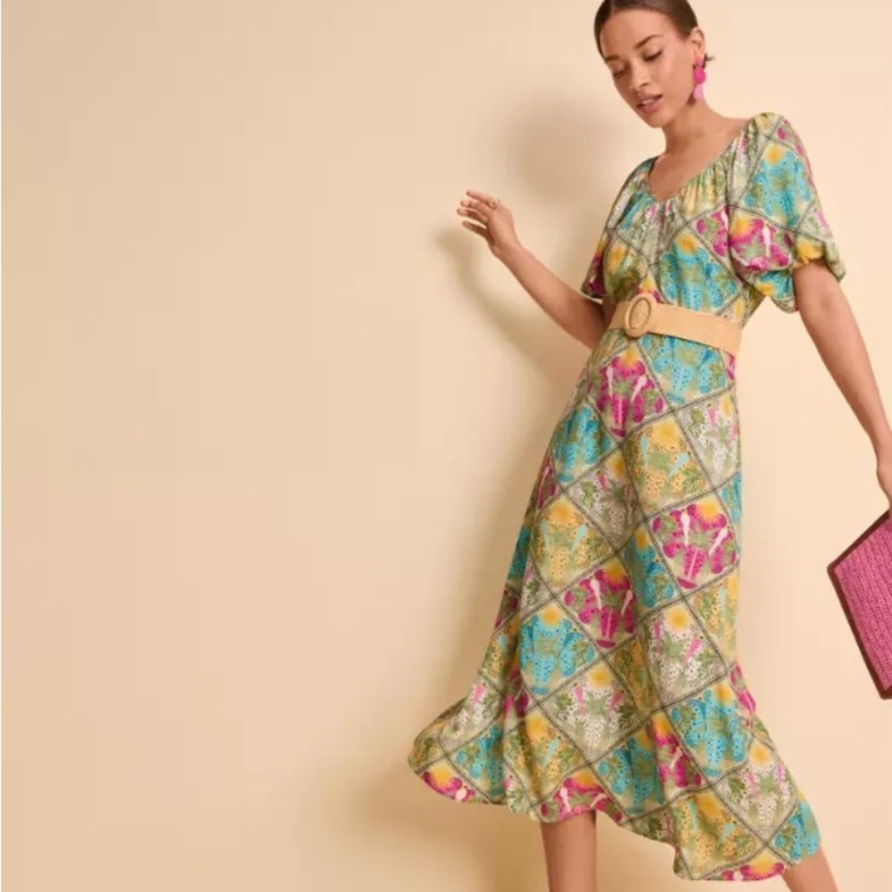 LOFT Multicolor Floral Patchwork dress- Pink, Blue, Yellow, Green, Cream size 14